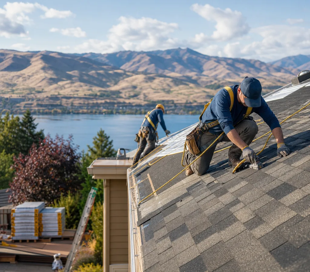 Roofing crew installing asphalt shingles on a pitched Wenatchee home with fall protection and a tidy staging area