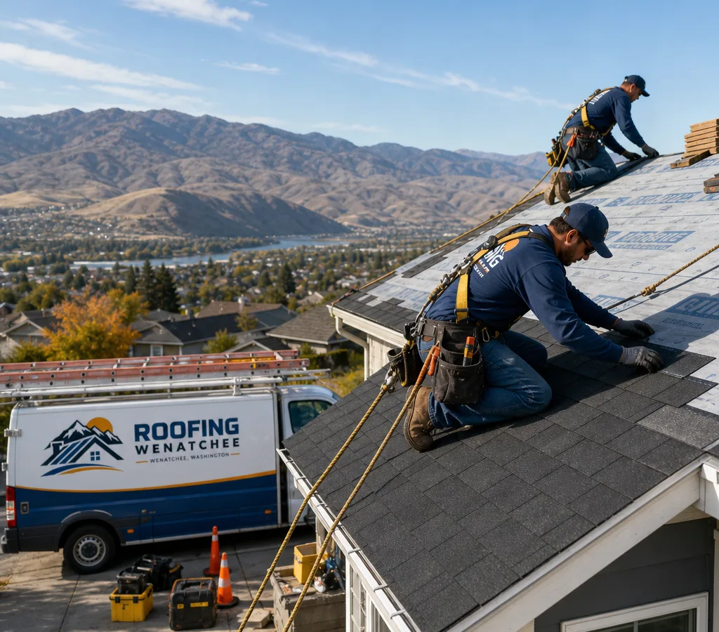 Roofing crew installing asphalt shingles on a pitched Wenatchee home with fall protection and a tidy staging area