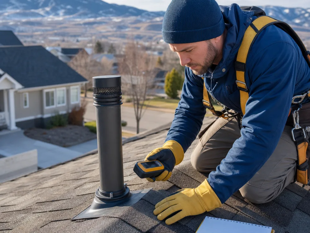 Contractor inspecting roof flashing and shingles near a vent pipe with a moisture meter and notepad