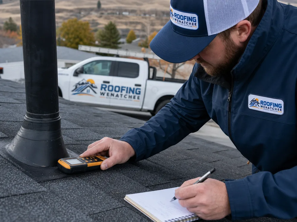 Contractor inspecting roof flashing and shingles near a vent pipe with a moisture meter and notepad