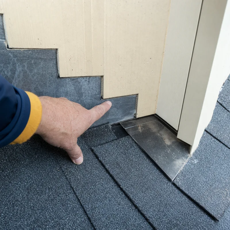 Inspector pointing to properly layered step flashing and counterflashing at a roof sidewall