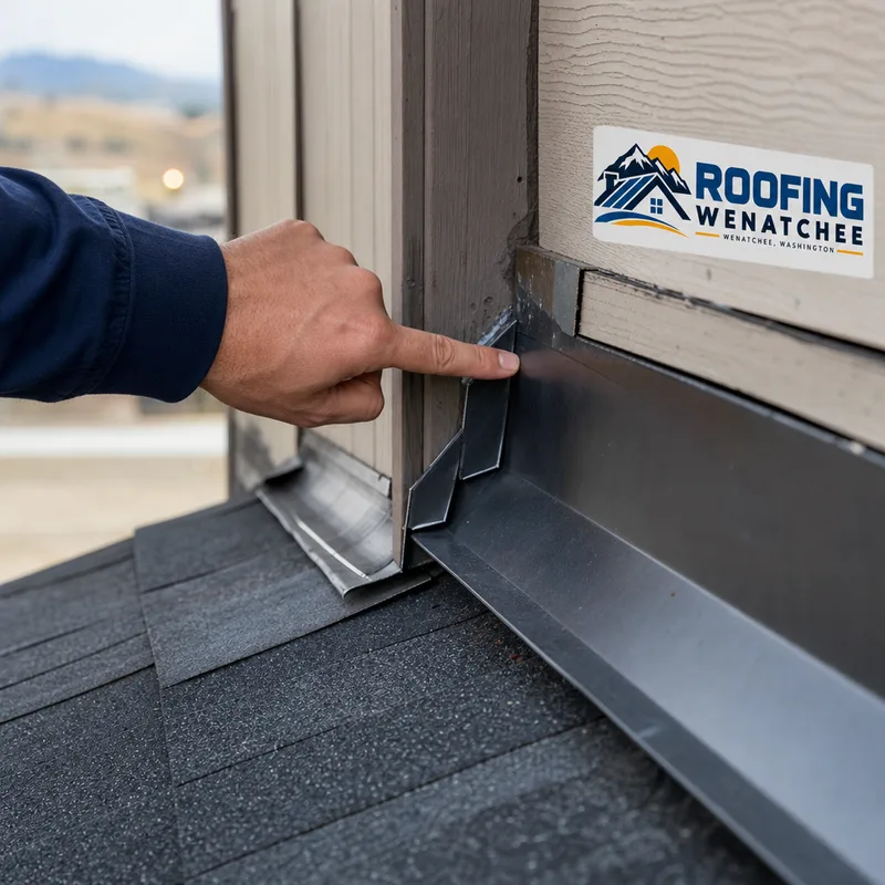 Inspector pointing to properly layered step flashing and counterflashing at a roof sidewall