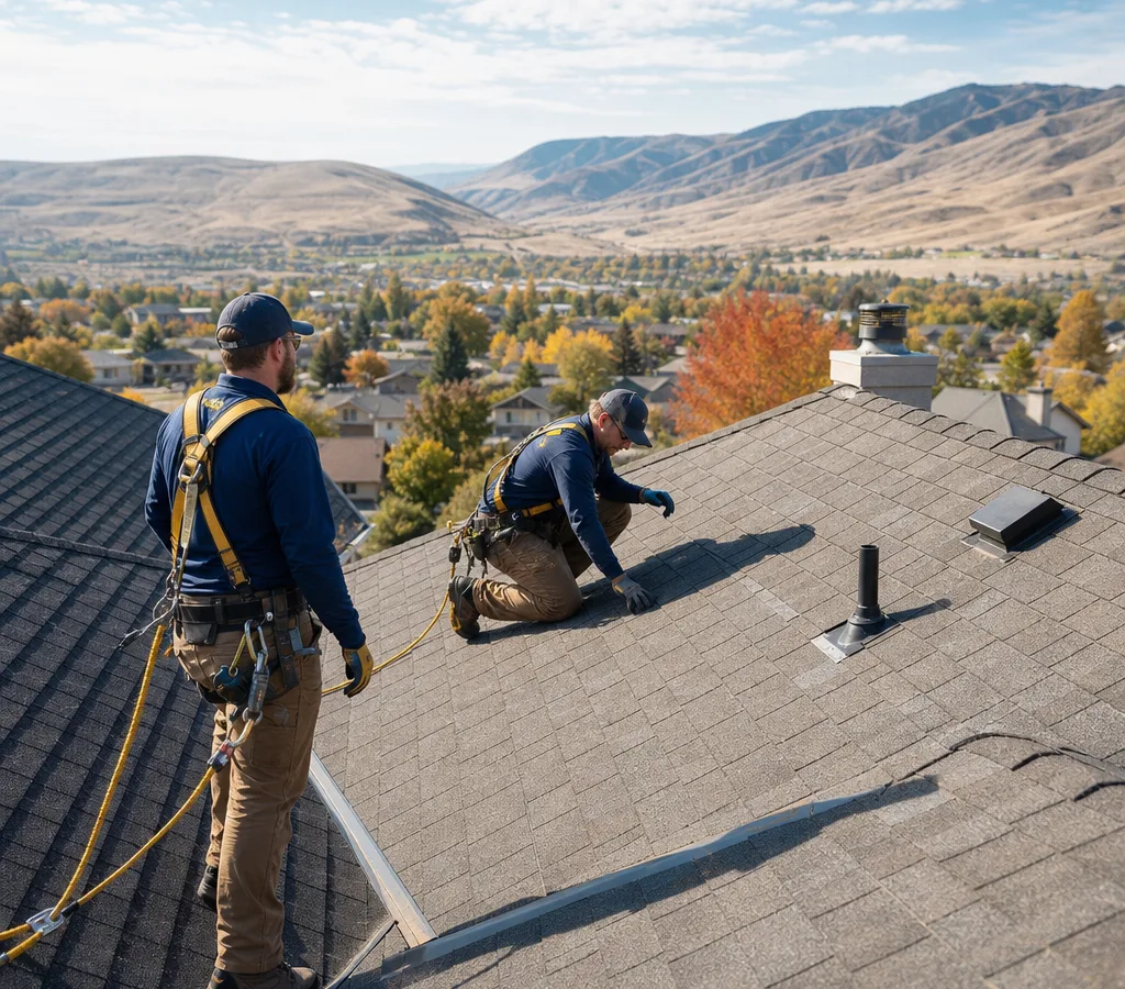 Roofing crew performing an on-roof assessment on a Wenatchee home with visible valleys, penetrations, and safety equipment