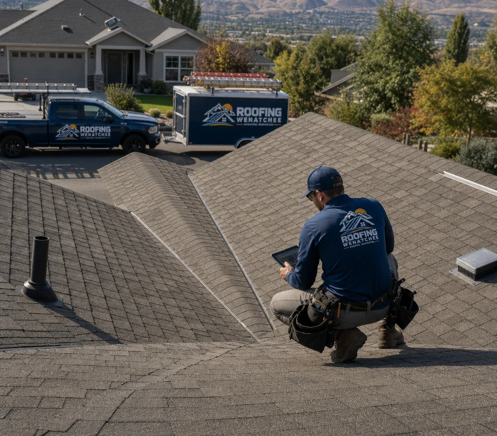 Roofing crew performing an on-roof assessment on a Wenatchee home with visible valleys, penetrations, and safety equipment