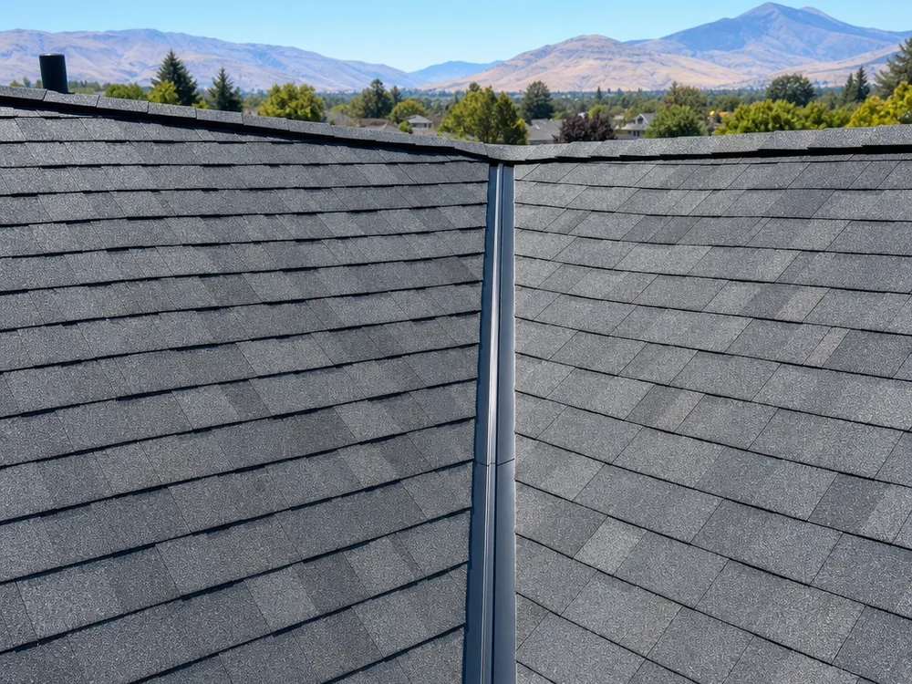 Clean shingle roof valley showing an unobstructed water-shedding path