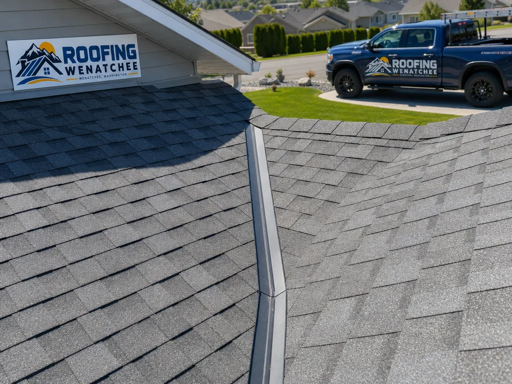 Clean shingle roof valley showing an unobstructed water-shedding path