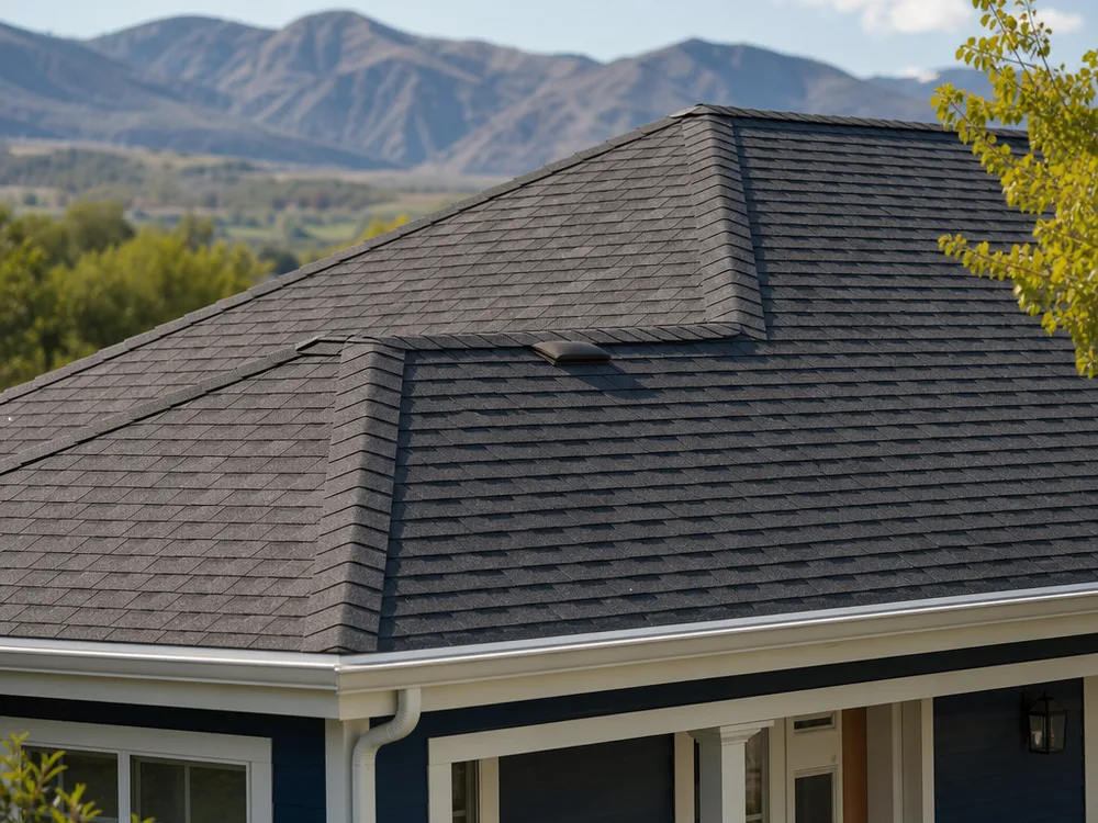 Finished asphalt shingle roof with clean ridge cap, gutters, and visible drip edge