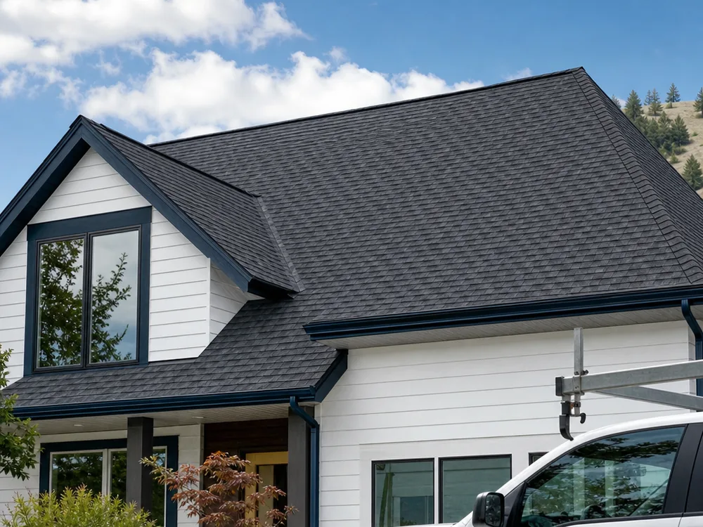 Finished asphalt shingle roof with clean ridge cap, gutters, and visible drip edge