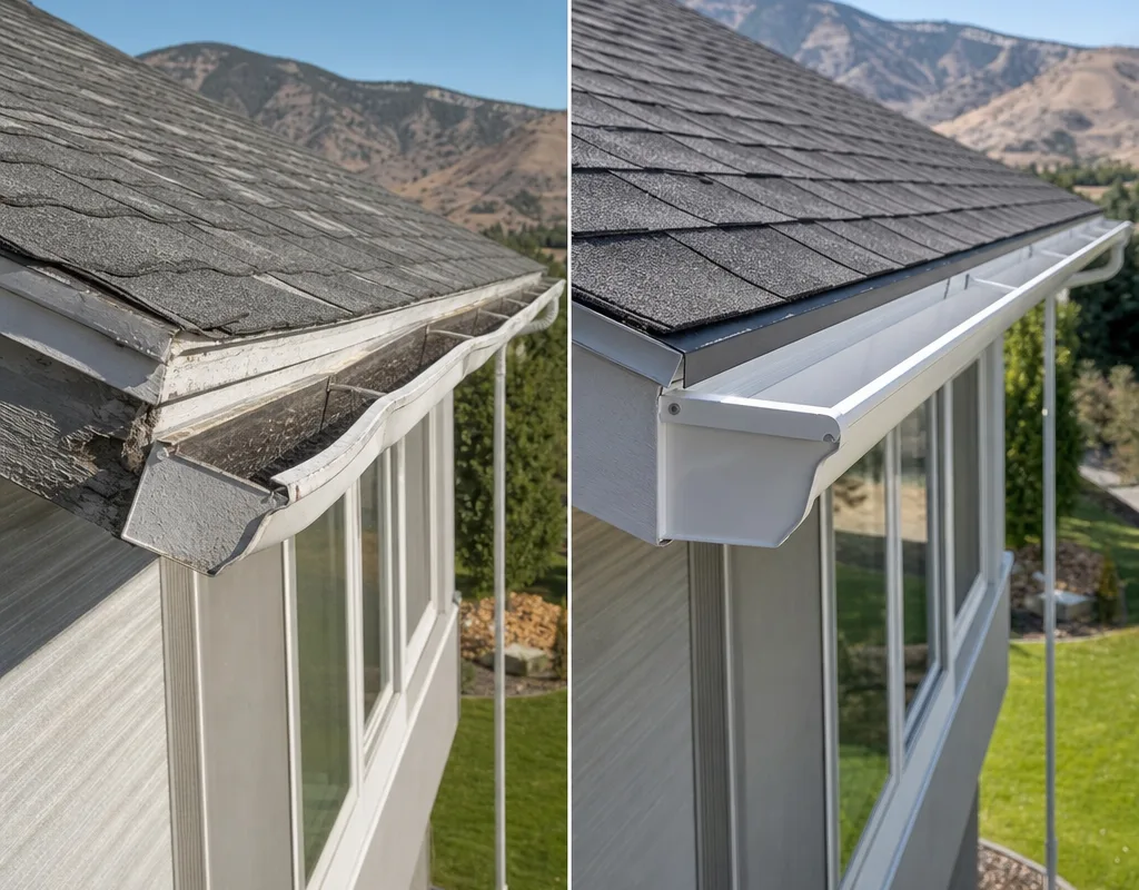 Before-and-after view of a sagging gutter run re-hung and pitched into straight alignment