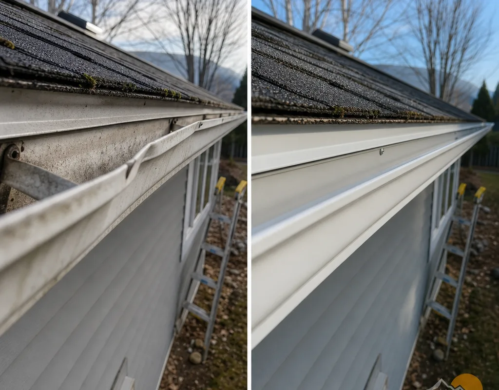 Before-and-after view of a sagging gutter run re-hung and pitched into straight alignment