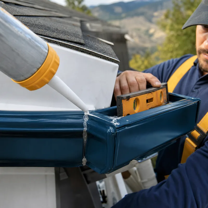 Technician checking a gutter corner seam, end cap seal, and slope with a level