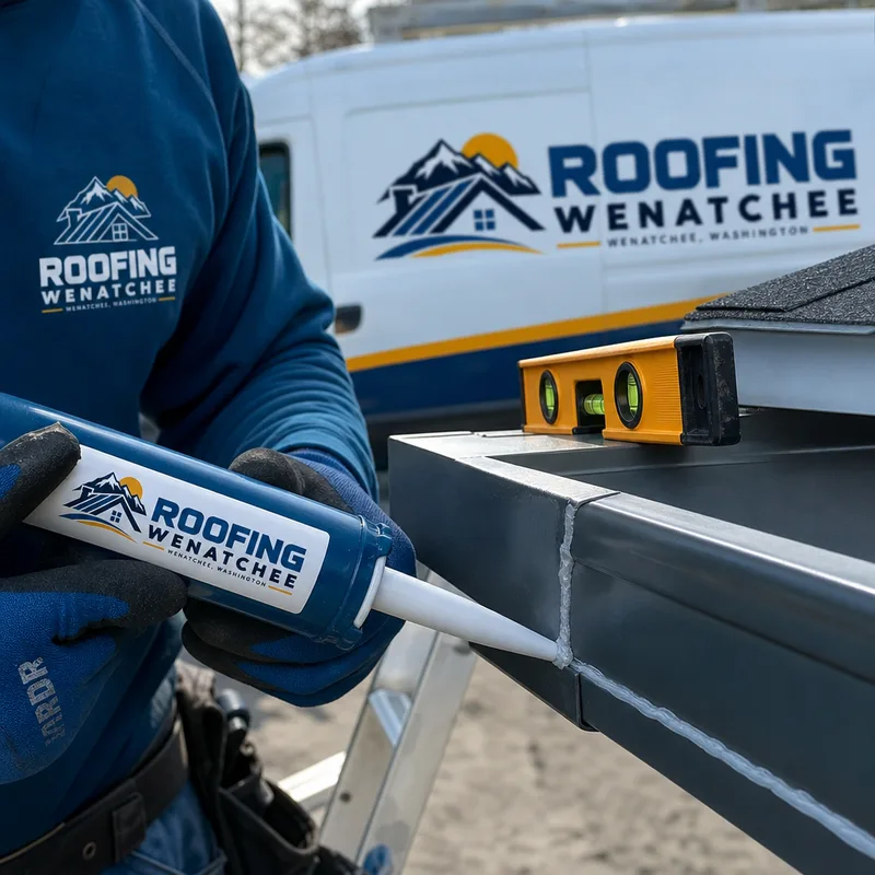 Technician checking a gutter corner seam, end cap seal, and slope with a level
