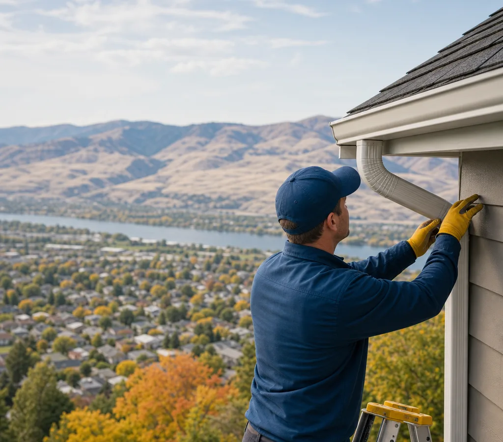 Technician inspecting a residential gutter run and downspout above the Wenatchee Valley