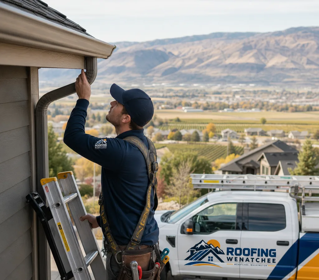 Technician inspecting a residential gutter run and downspout above the Wenatchee Valley