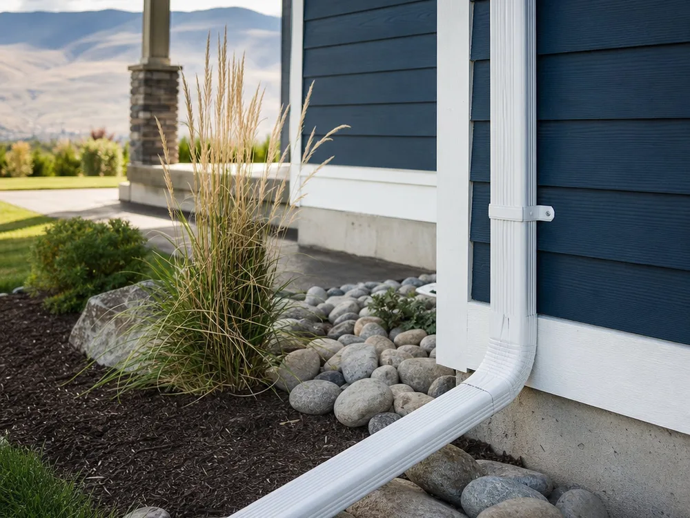 Cleanly installed and strapped downspout directing water away from the foundation