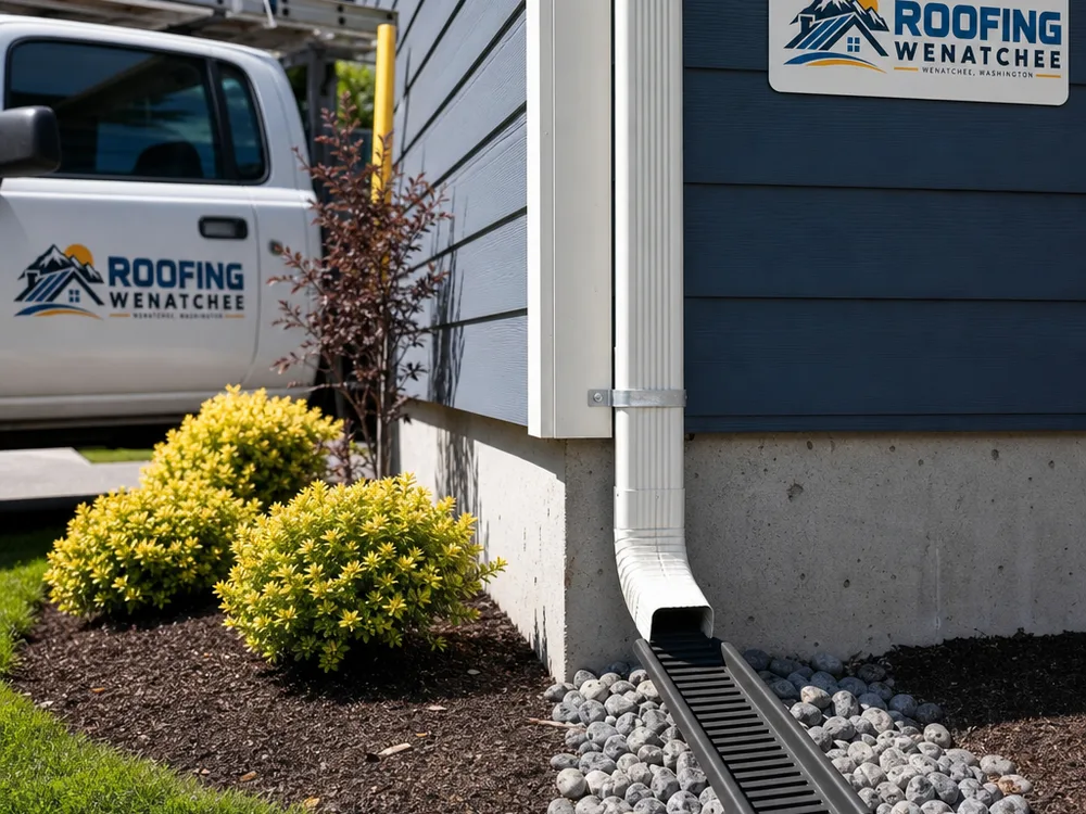 Cleanly installed and strapped downspout directing water away from the foundation