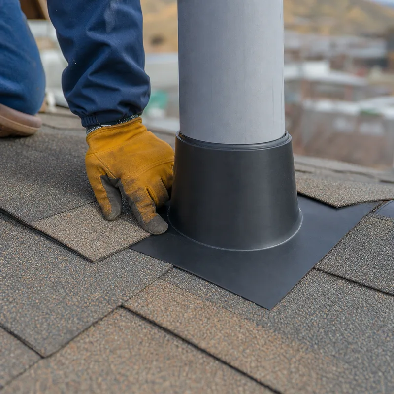 New pipe boot flashing integrated neatly with surrounding shingles without a sealant-only repair