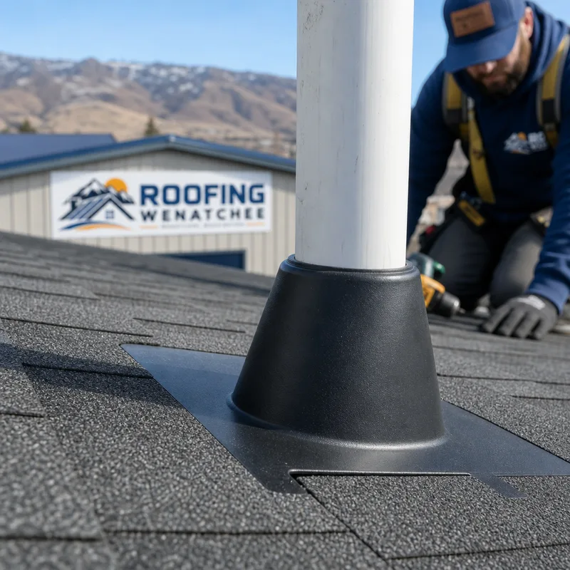 New pipe boot flashing integrated neatly with surrounding shingles without a sealant-only repair