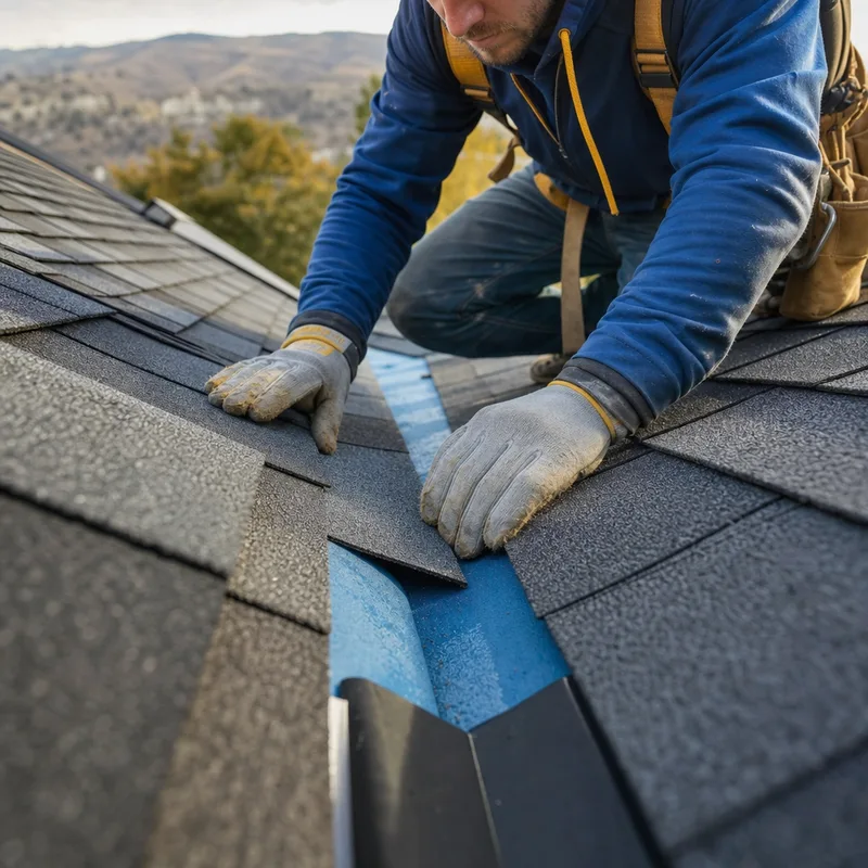 Asphalt shingle roof valley with clean straight cuts and proper underlayment protection