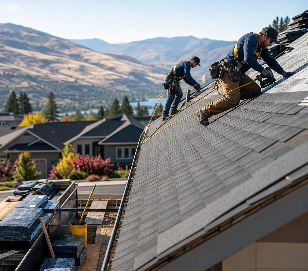 Roofing crew installing asphalt shingles on a pitched residential roof in bright Central Washington sun, with fall protection visible and a tidy staging area