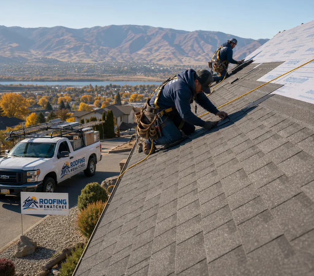 Roofing crew installing asphalt shingles on a pitched residential roof in bright Central Washington sun, with fall protection visible and a tidy staging area