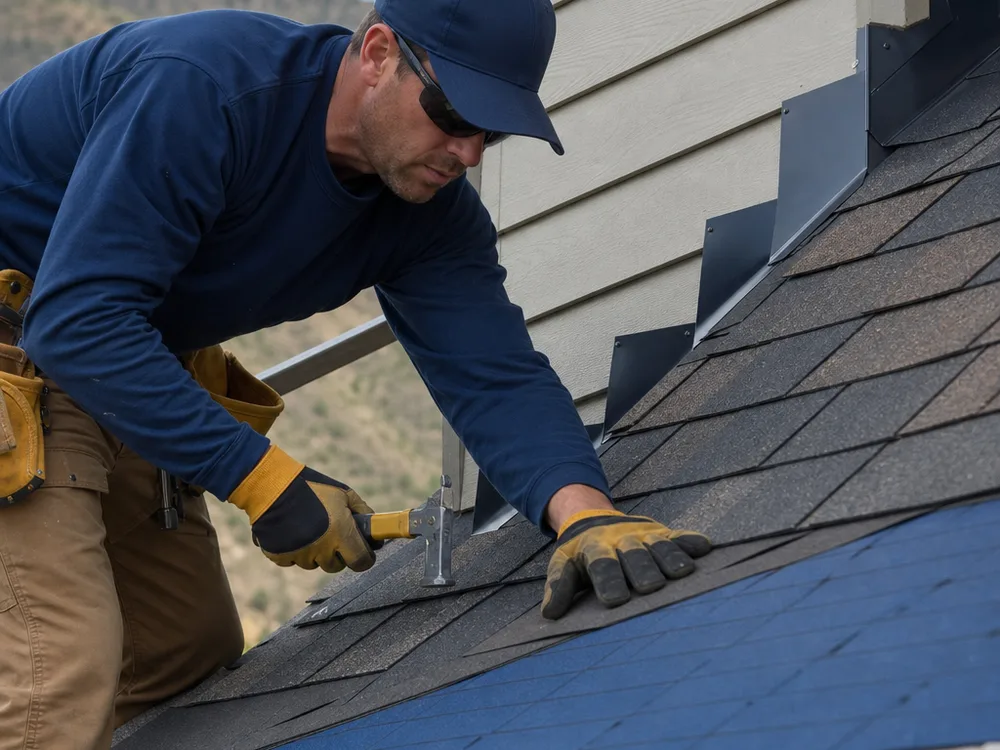 Properly layered step flashing along a roof sidewall with underlayment visible at the eave during installation