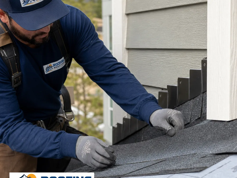 Properly layered step flashing along a roof sidewall with underlayment visible at the eave during installation