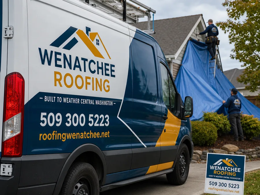 Roofing crew setting up fall protection and covering landscaping before tear-off