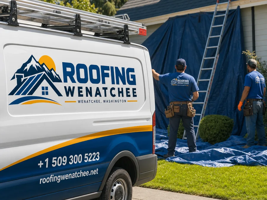 Crew cleaning gutters and testing downspout flow with a safe ladder setup