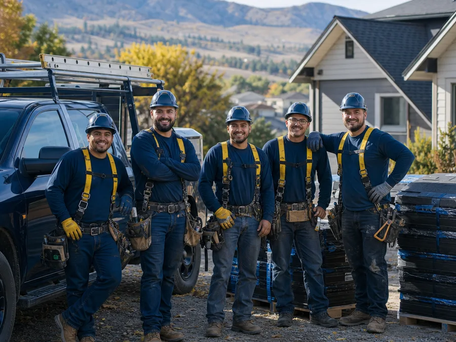 Roofing Wenatchee team in safety gear beside a work truck and neatly stacked materials at a residential job site